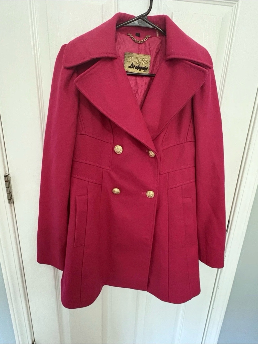 GUESS Los Angeles Women’s Double-Breasted Peacoat Coat – Hot Pink/Fuchsia